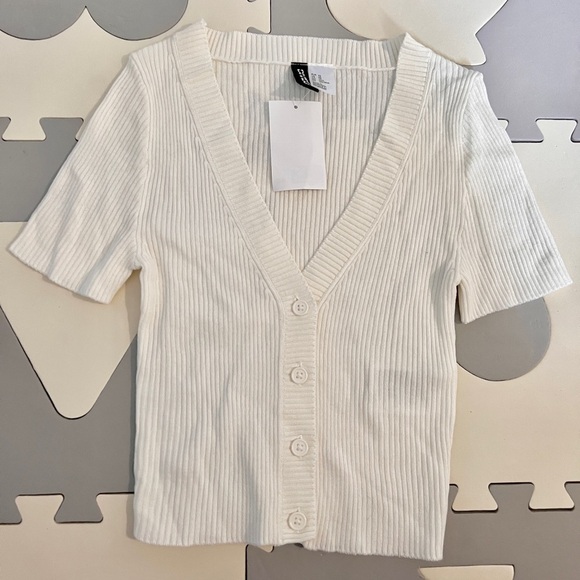 Fitted Rib-knit Top Button Front V Neck Crop Cardigan - Picture 8 of 9